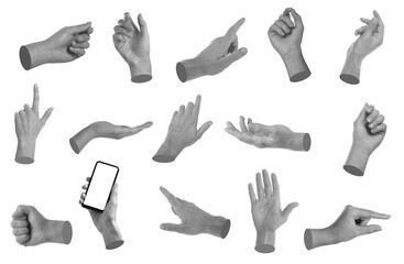 Set of different hand gestures isolated on white. Black and white effect