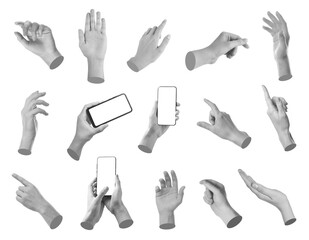 Set of different hand gestures isolated on white. Black and white effect