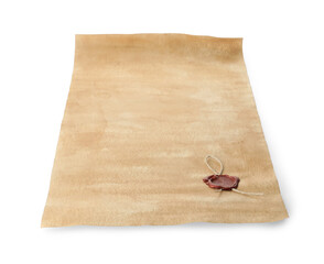 Sheet of old parchment paper with wax stamp isolated on white