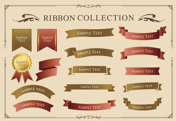 リボンの装飾デザインセットとアンティークな罫線やフレームデザイン