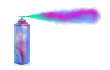 Aerosol can spraying colorful paint isolated on white