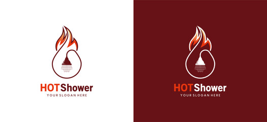 Hot or warm water shower logo design, vector illustration of a flowing shower with a fire symbol