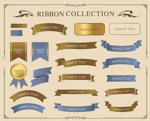 リボンの装飾デザインセットとアンティークな罫線やフレームデザイン