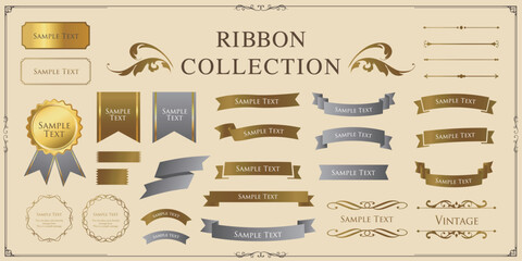 リボンの装飾デザインセットとアンティークな罫線やフレームデザイン