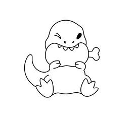 Vector isolated one single cute cartoon eating dinosaur tyrannosaurus rex trex character colorless black and white contour line easy drawing