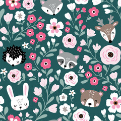 Seamless vector pattern with cute woodland animal heads on floral background. Hand drawn illustration. Perfect for textile, wallpaper or nursery print design.