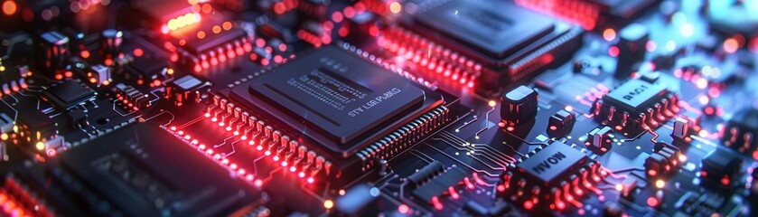 Obraz premium Illuminated microchip with red and blue neon lights on a detailed circuit board, creating a futuristic tech scene, SciFi, Digital Illustration, Vivid Colors, Sharp Focus 8K , high-resolution, ultra HD