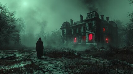 Ghostly figure walking towards a sinister, decaying mansion in a foggy night scene, Digital Illustration, Horror, Moody 8K , high-resolution, ultra HD,up32K HD