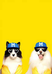 Obraz premium Cute Funny Dogs in sunglasses and wearing hats for cards, wallpaper