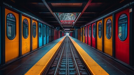 Obraz premium Train station platform with colorful destination signs, guiding travelers on their journeys.