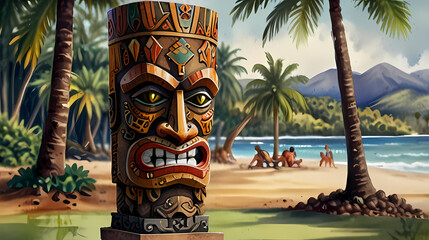 Watercolor painting of Hawaiian tiki statue