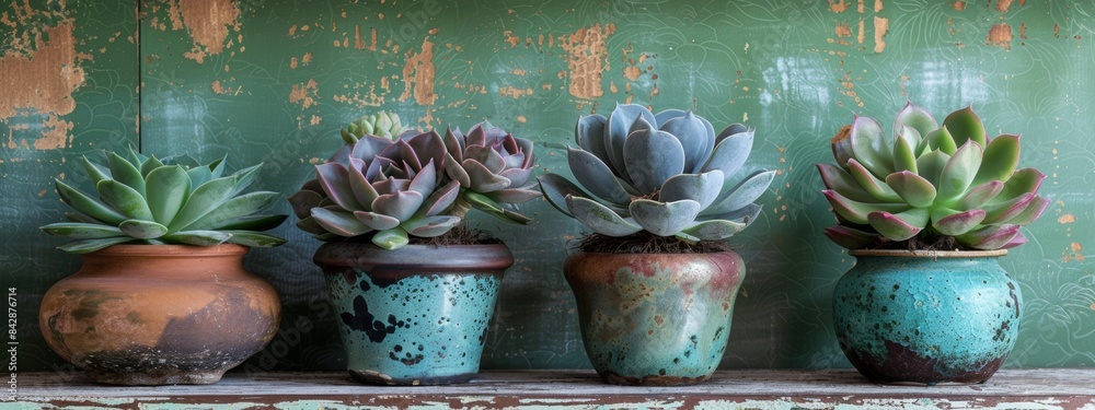 Wall mural Compose a still life arrangement of succulent plants and decorative pottery against a backdrop of cyan wallpaper, celebrating the beauty of nature.