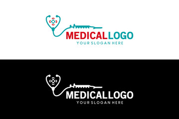 Stethoscope and syringe logo design vector illustration, health care and medical logo