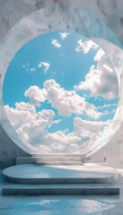 3D render of an abstract futuristic background with an empty scene and blue sky, a white round stage for product presentation, contemporary architecture or a modern art exhibition
