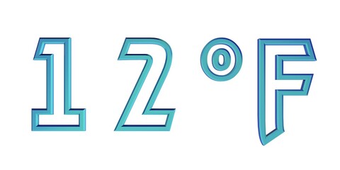 Blue number twelve with a Fahrenheit sign on a white background isolate. Temperature, weather, thermometer.