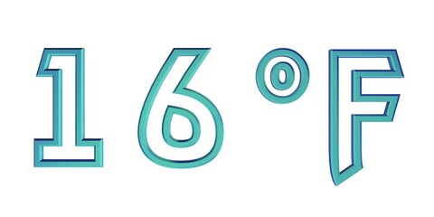 Blue number sixteen with a Fahrenheit sign on a white background isolate. Temperature, weather, thermometer.