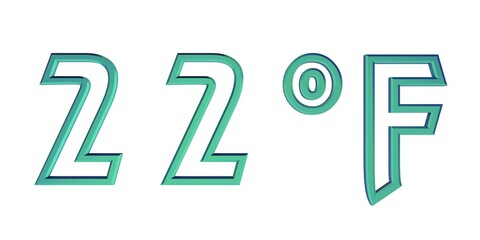 Blue number twenty two with a Fahrenheit sign on a white background isolate. Temperature, weather, thermometer.