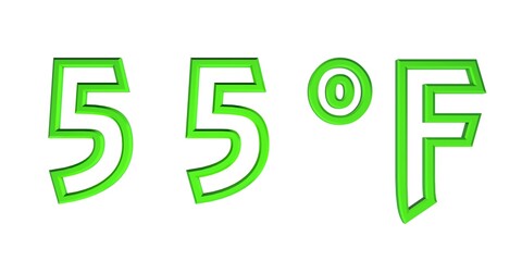 Green number fifty five with a Fahrenheit sign on a white background isolate. Temperature, weather, thermometer.