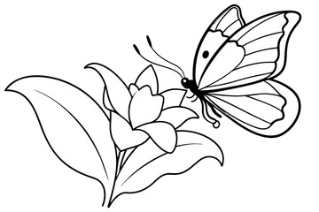 butterfly flies on a flower outline vector illustration