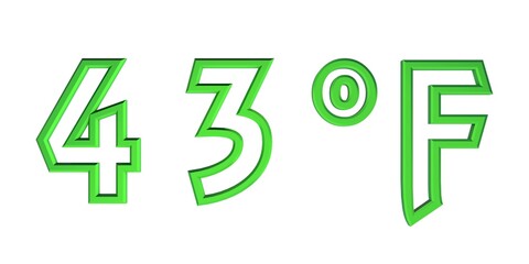 Green number forty three with a Fahrenheit sign on a white background isolate. Temperature, weather, thermometer.