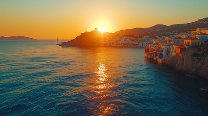 Obraz premium Serene beach at sunrise, waves, soft pink and orange hues in the sky