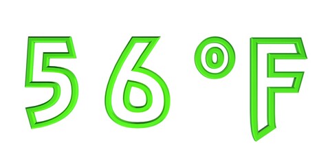 Green number fifty six with a Fahrenheit sign on a white background isolate. Temperature, weather, thermometer.