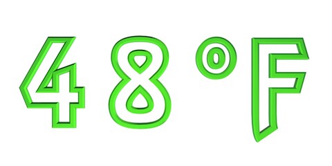 Green number forty eight with a Fahrenheit sign on a white background isolate. Temperature, weather, thermometer.