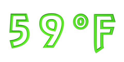 Green number fifty nine with a Fahrenheit sign on a white background isolate. Temperature, weather, thermometer.