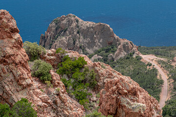 Massif de l'Esterel, a volcanic mountain range on the Mediterranean Sea coast on the French Riviera, located near Cannes on the east and Saint-Rafael on the west, France