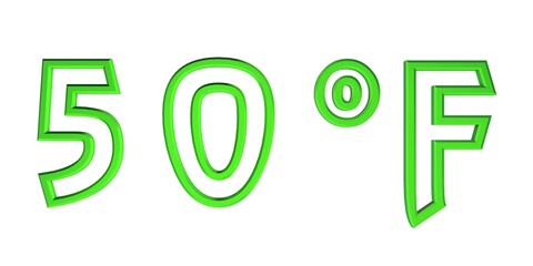Green number fifty with a Fahrenheit sign on a white background isolate. Temperature, weather, thermometer.