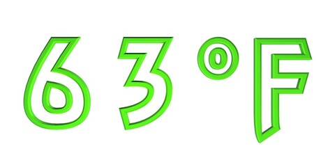 Green number sixty three with a Fahrenheit sign on a white background isolate. Temperature, weather, thermometer.