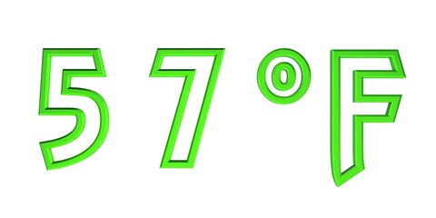 Green number fifty seven with a Fahrenheit sign on a white background isolate. Temperature, weather, thermometer.