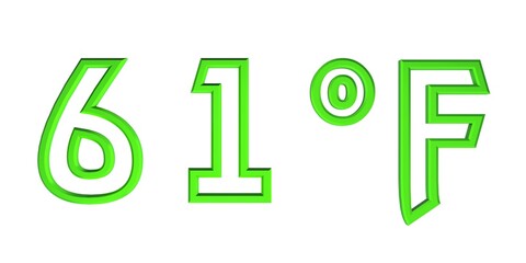 Green number sixty one with a Fahrenheit sign on a white background isolate. Temperature, weather, thermometer.