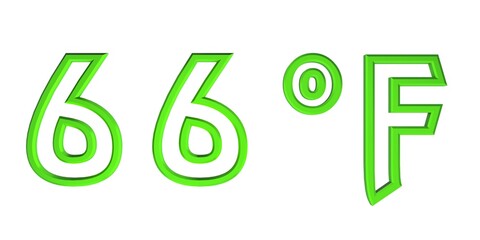 Green number sixty six with a Fahrenheit sign on a white background isolate. Temperature, weather, thermometer.