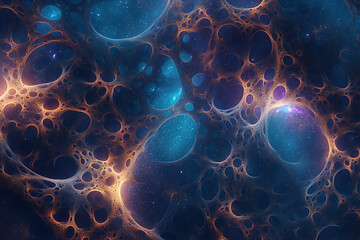 abstract interconnected bubbles in shades of blue and orange, resembling galaxies or cosmic dust particles and stars, surreal space, illustration // ai-generated