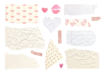 Set of elements for collage and scrapbooking. Torn sheets of paper, patterned paper, scotch tape, lipstick, hearts. Coquette Aesthetics.