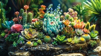 Fototapeta premium A succulent garden with a variety of shapes and colors of cacti and other desert plants.