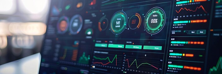 Antivirus Software Interface Closeup of a sleek antivirus software dashboard on a laptop screen, showing a system scan in progress with green and red indicators