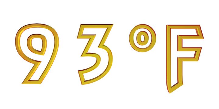 Yellow number ninety two with a Fahrenheit sign on a white background isolate. Temperature, weather, thermometer.