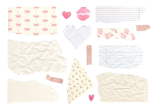 Set of elements for collage and scrapbooking. Torn sheets of paper, patterned paper, scotch tape, lipstick, hearts. Coquette Aesthetics.