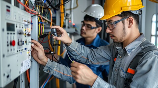A team of technicians installing a hightech digital control panel for the buildings HVAC system.