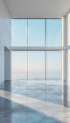 Fototapeta premium Empty white room interior with large windows and a concrete floor, white walls and a blue sky 3D rendering of a modern minimalist architecture concept
