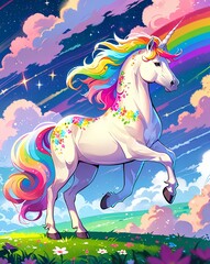 Fototapeta premium A dreamy pastel background of sparkling stars. In the foreground, a majestic rhino leaps gracefully, its brilliant white coat adorned with a rainbow-colored mane and tail. 