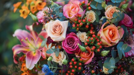 Floral bouquet with a mix of roses, lilies, and wildflowers, rich and colorful
