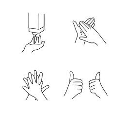 Vector isolated hands washing step by step manual tutorial colorless black and white contour line easy drawing