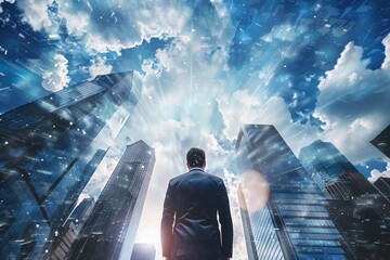 Fototapeta premium Rain falling while businessman gazing skyscrapers and sun shine
