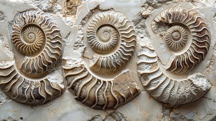 multiple ammonite fossils embedded in a slab of limestone, natural patterns and symmetry, archaeological finds