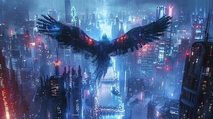 Robotic bird with neon wings flying over a futuristic city at night, with glowing skyscrapers and water reflections, Futuristic, Digital Illustration, Neon Hues, Detailed 8K , high-resolution, ultra H