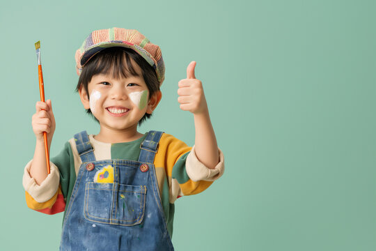 Little Artist with Paintbrush Giving Thumbs Up - Adorable Young Painter in Colorful Outfit