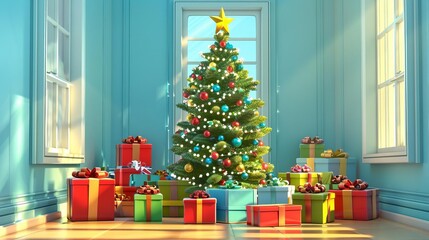 91 Festive 3D cartoon holiday scene of a Christmas tree surrounded by presents